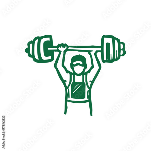 A minimalist green illustration of a person squatting with a barbell overhead