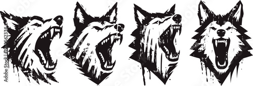 howling wolf heads in black vintage grunge style, wild animal roaring icons set