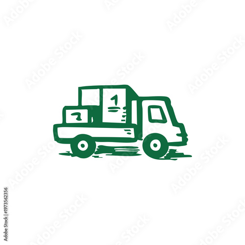 Stylized green truck carrying boxes with numbers 1 and 7