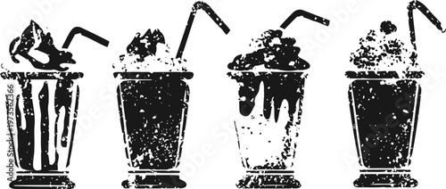various milkshakes with whipped cream and straws refreshing summer drinks in glass cups