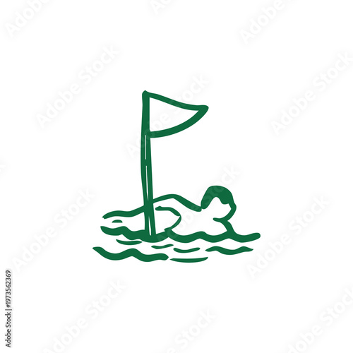 Stylized illustration of a swimmer near a flag in water