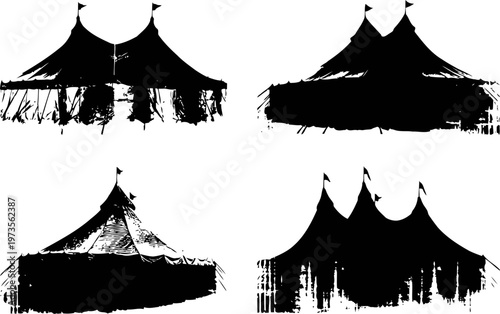 Four vintage circus tents silhouettes with flags on top old carnival marquee and big top illustrations