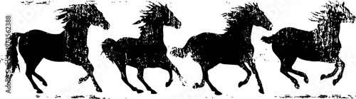 silhouettes of galloping horses in motion, black equine figures running freely