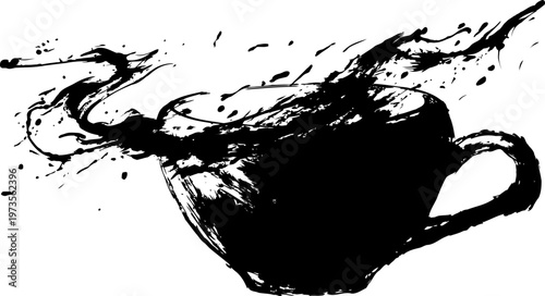 black coffee cup with steam and splashes hand drawn ink hot beverage illustration