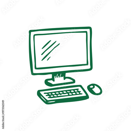 Hand-drawn green sketch of a desktop computer with monitor, keyboard, and mouse
