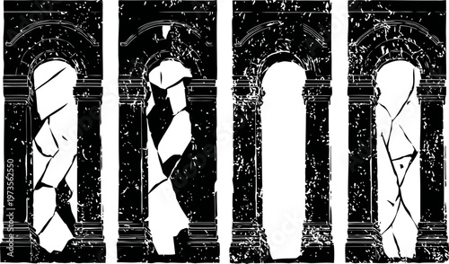 Ancient stained glass window silhouettes with fragmented glass pieces and arched stone frames