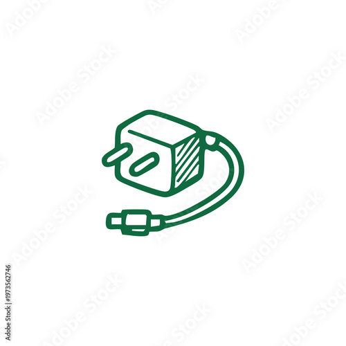 A green line drawing of a power adapter with a cord and plug