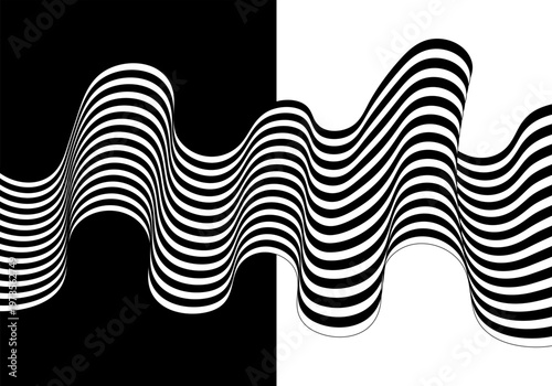 Abstract black and white vector background with split color and dynamic wavy stripes in optical illusion style. EPS 10