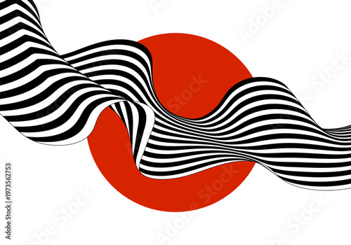 Modern abstract vector illustration with red circle and curved black and white striped ribbon in op-art and minimalism style. EPS 10