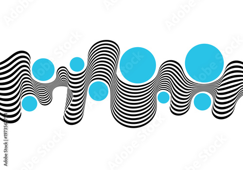 Abstract vector composition with black and white wavy lines and blue circles of various sizes in modern op-art style. EPS 10