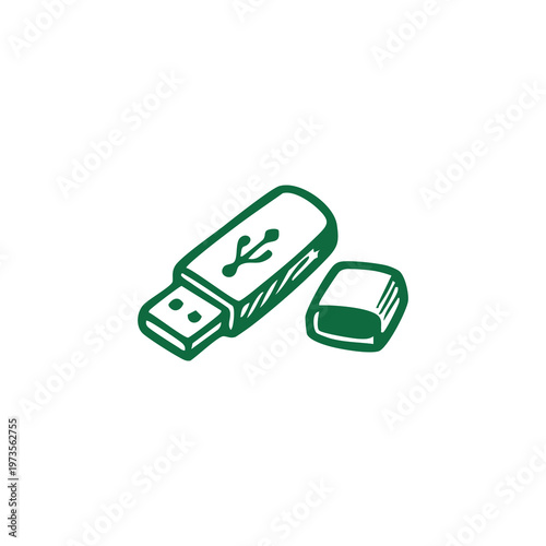 Green stylized drawing of a USB drive with its cap next to it