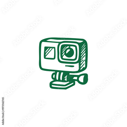 Hand-drawn green action camera with lens and display