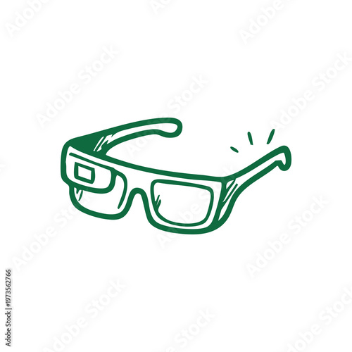 Simple green outline drawing of futuristic eyewear with a square lens detail