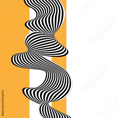 Vertical abstract composition with curved black and white ribbon and yellow geometric stripes in modern minimalism style. EPS 10