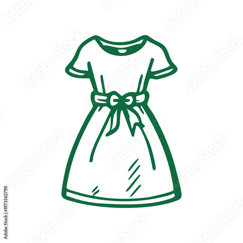 Elegant Dark Green Dress Silhouette on White Background - Short Sleeved, Rounded Collar, Bow Waist, Flared Skirt, Simple Vector Design