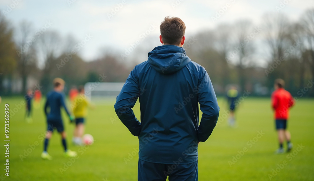 Fototapeta premium A soccer coach stands on the field, watching the players practice in the background.