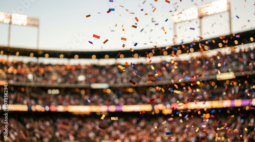 Colorful confetti falling over a crowded stadium during a sporting event, with bright lights illuminating the scene. Concept of World Cup, global sports celebration, international football competition