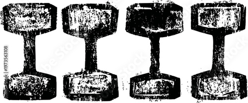 Set of four black dumbbells with textured surface isolated on white background