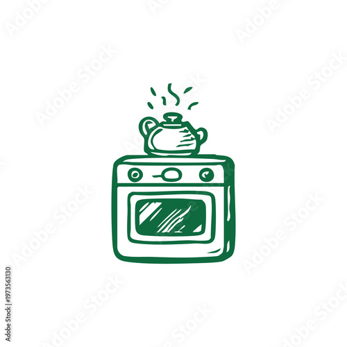A green hand-drawn kettle steams on top of a green stove