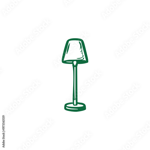 A minimalist green desk lamp with a cylindrical base and triangular lampshade, featuring clean line art against a white backdrop