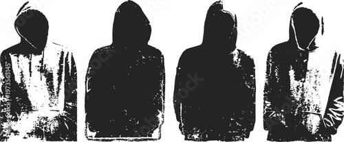 four hooded figures standing in grayscale silhouette with shadowed faces
