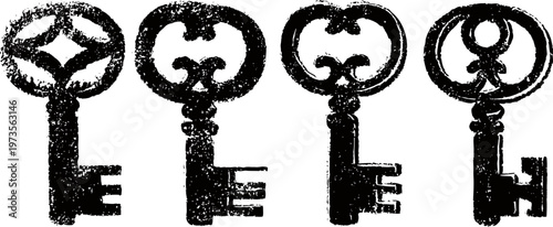 Vintage ornate skeleton keys set with unique bow designs in black silhouette