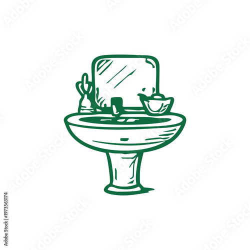 Green sink with pedestal, mirror, faucet, soap dispenser & toothbrush holder; round basin