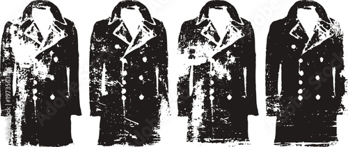 Vintage men's coats displayed in a row, classic outerwear with buttoned collars and lapels