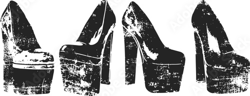 Black high heel platform shoes set elegant footwear collection with stiletto heels in worn vintage