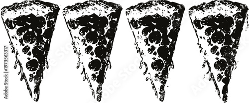 Four black and white pizza slices with pepperoni, cheese, and crust in a horizontal row