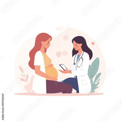 Healthcare professional or female doctor consulting with a pregnant patient in a clinic vector.