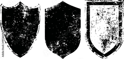 Grunge shield shapes set with distressed texture and vintage isolated on white background