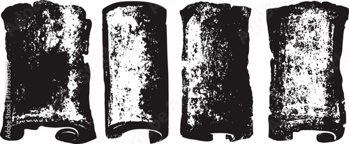 set of four old vintage paper scrolls with curled edges isolated on white background