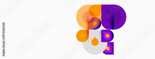 Abstract colorful shapes overlap, creating playful composition. Orange, purple hues dominate white background. Modern design element.