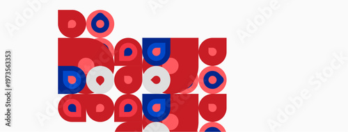 Abstract geometric shapes, red circles, blue squares, white background. Minimalist design, playful composition, modern aesthetic.