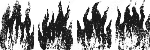 Grunge black fire flames silhouettes set, rough burning blaze shapes on white background