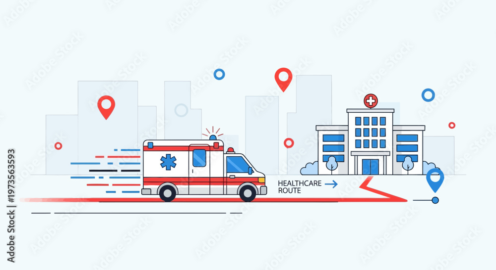 Obraz premium Ambulance racing to hospital on healthcare route, emergency medical transport city illustration