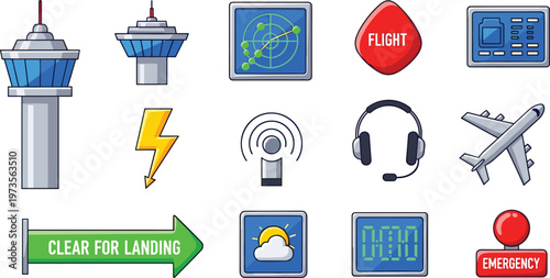Aviation and Air Traffic Control Icon Set Featuring Control Tower, Flight, Weather, Emergency, and Communication Symbols in Vector Style