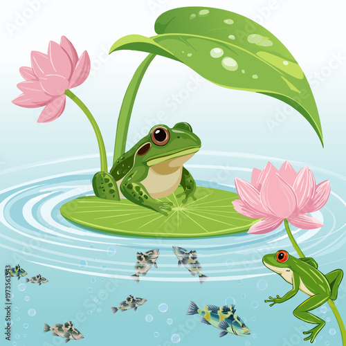 Illustration of a pond with animals and plants.Vector illustration of a pond with animals and plants on a colored background.