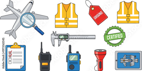 Aviation and Safety Inspection Icon Set Featuring Airplane, Safety Vest, Certification, and Tools in Vector Style