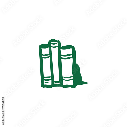 Minimalist dark green outline of three books standing together on a white background