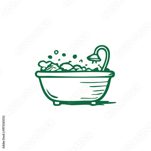 Green line drawing of a foamy bathtub with a shower head
