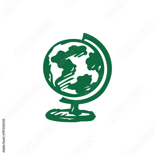Eco-friendly green minimalist globe outline on wooden stand, simple continent details