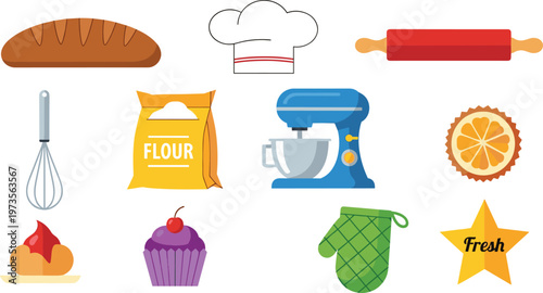 Baking and Pastry Icon Set Featuring Bread, Mixer, Flour, Cupcake, and Kitchen Tools in Vector Style