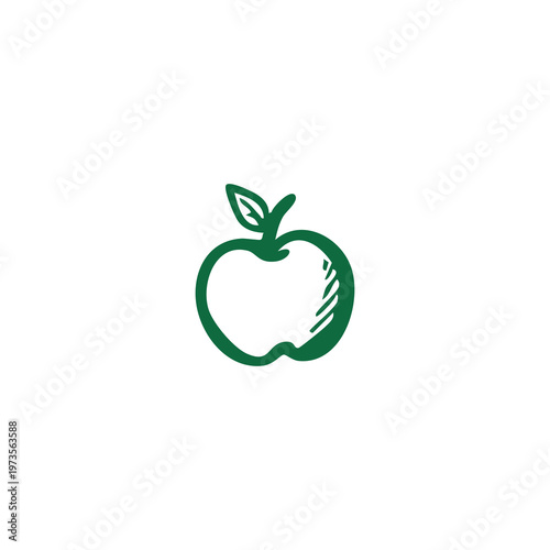 Simple green outline of an apple with a stem and leaf, white background