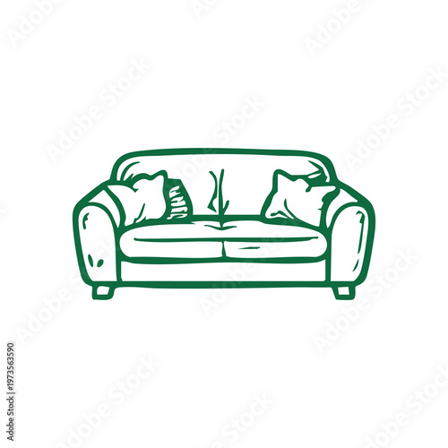 A green line drawing of a couch with two throw pillows on a white background