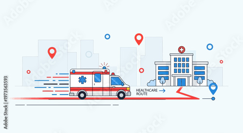 Ambulance racing to hospital on healthcare route, emergency medical transport city illustration