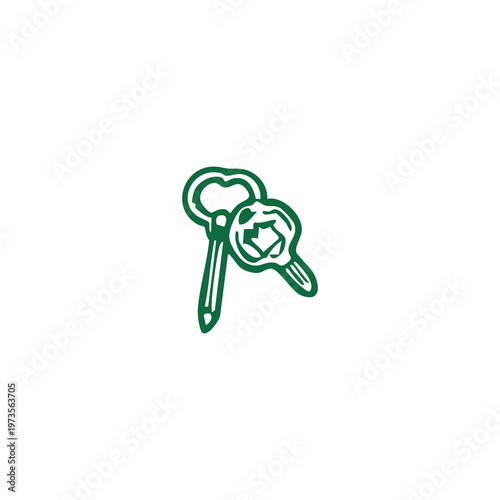 Sketch of a key, pencil, and bottle opener on white