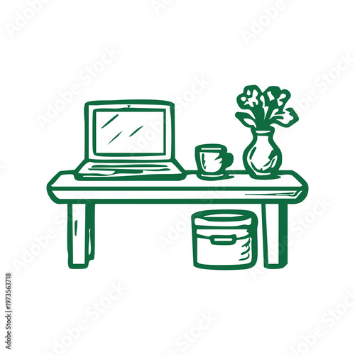 A green line drawing of a desk with a laptop, coffee cup, vase, and bucket