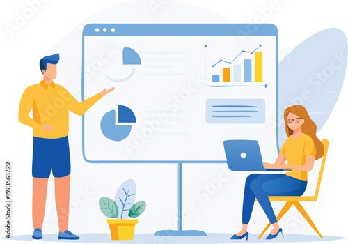 Business presentation, teamwork, infographic, office illustration, whiteboard, data analysis, coworkers